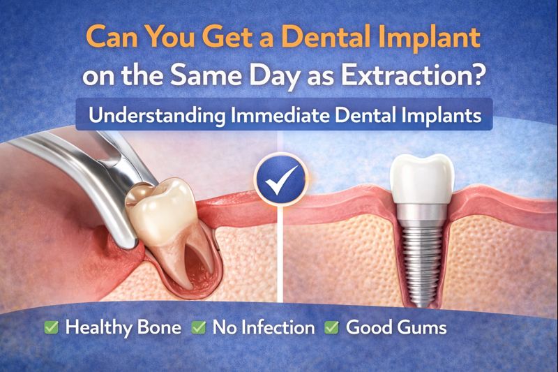 tooth extraction and immediate dental implant placement, explaining whether a dental implant can be placed on the same day after extraction when bone and gums are healthy.