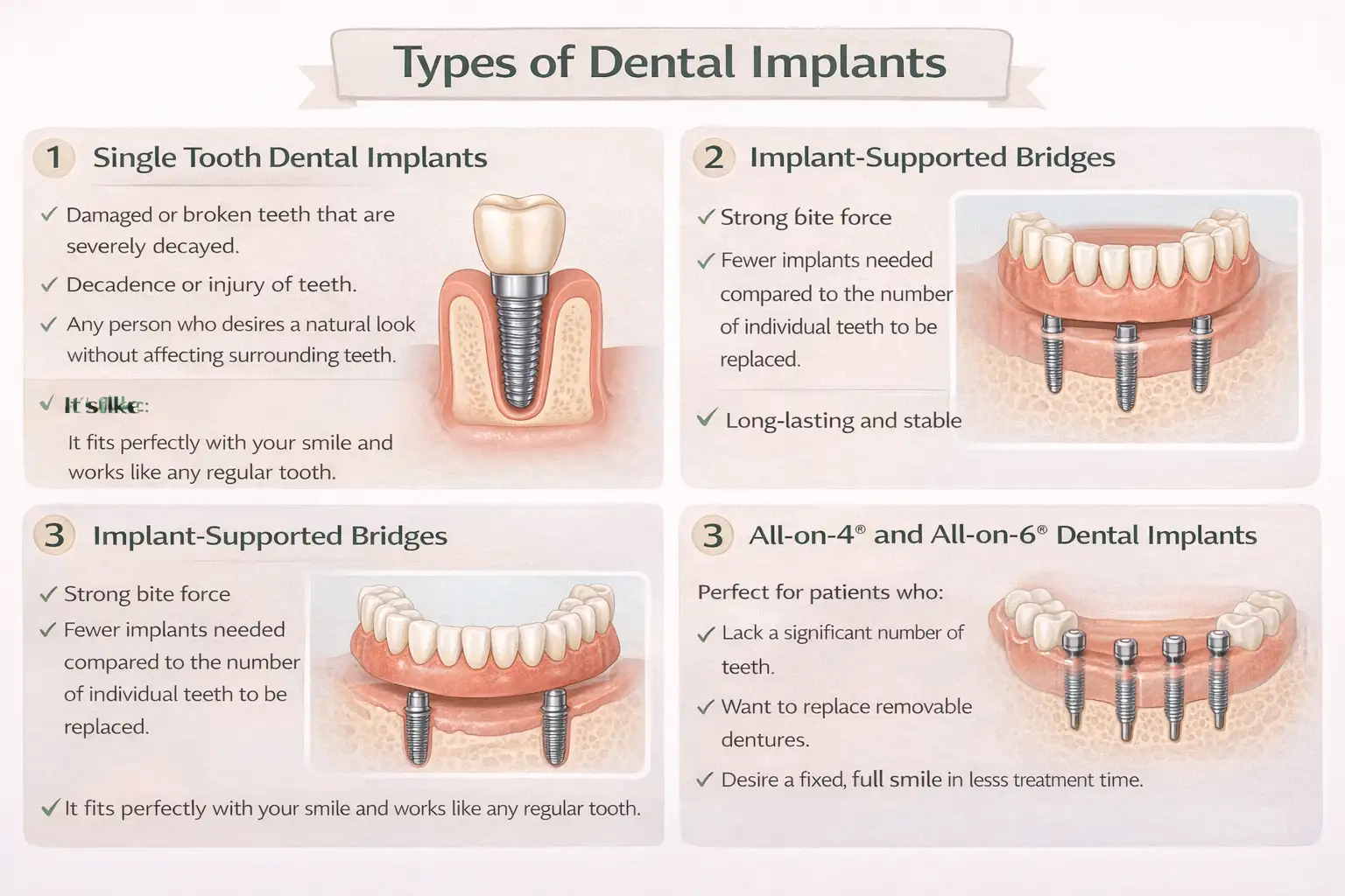 Types of dental implants including Single Tooth, Implant-Supported Bridges, All-on-4®/All-on-6® Dental Implants, and Mini Dental Implants.
