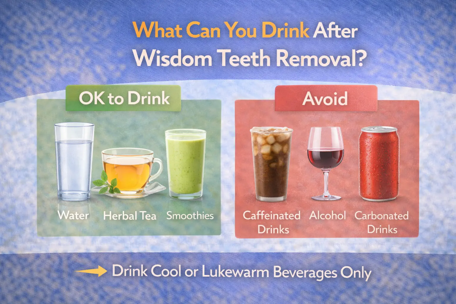 Infographic showing safe and unsafe drinks after wisdom teeth removal, with water, herbal tea, and smoothies on the safe side, and sodas, alcohol, and caffeine on the avoid list.